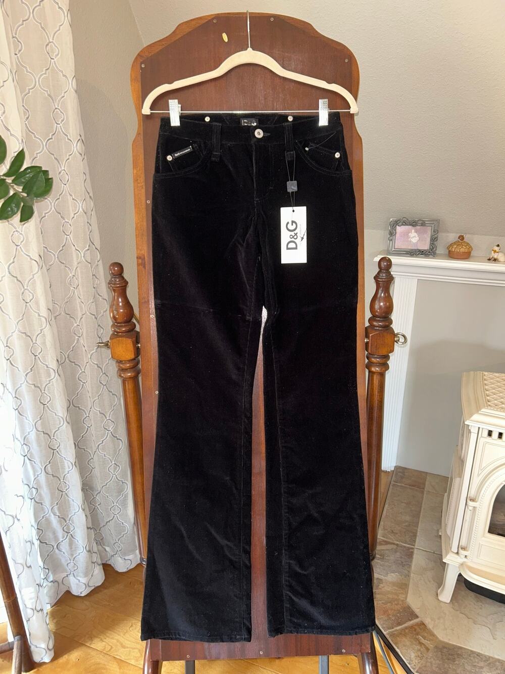 NWT Dolce & Gabbana black corduroy pants bootcut leg leather belt detail size 27